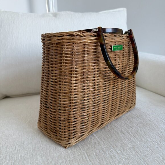 Kate Spade Wicker Basket Bag with Tortoise Handles & Paisley Interior - Picture 4 of 10